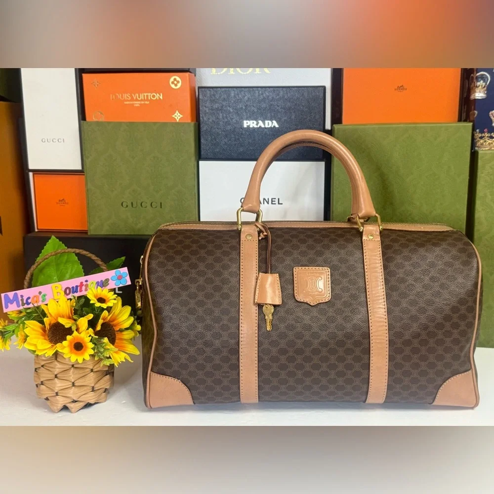Auth CÈLINE Preowned EUC Tan and Brown Macadam Patterned Boston Bag with🔐